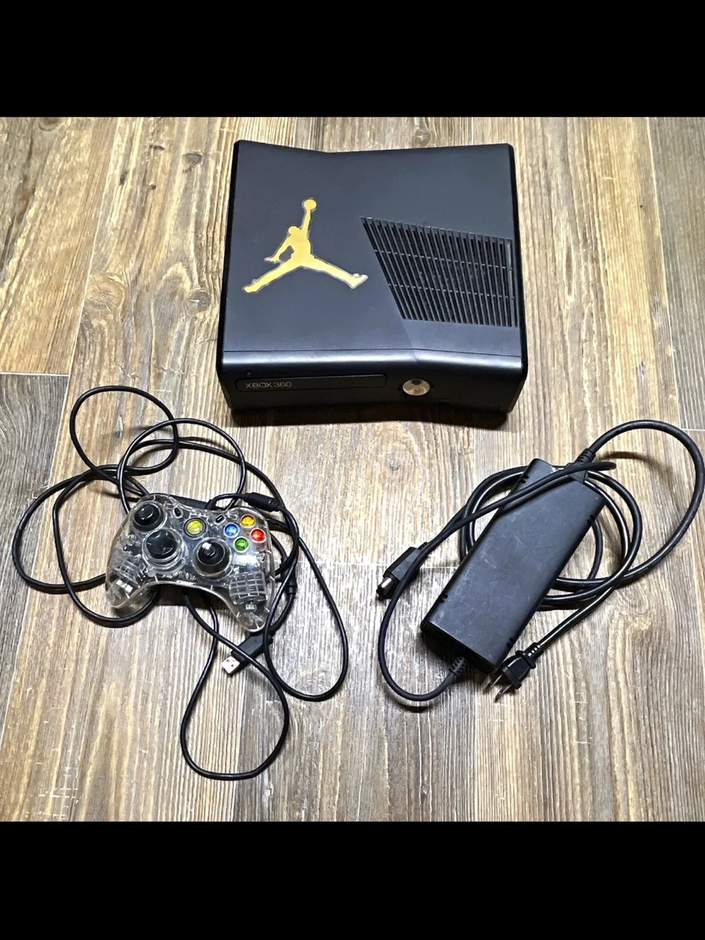 Xbox 360 with power cable and wired red LED controller